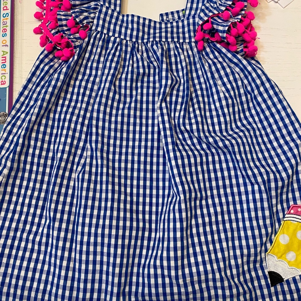 Blue Gingham Dress with Pink Pom Poms and pencil